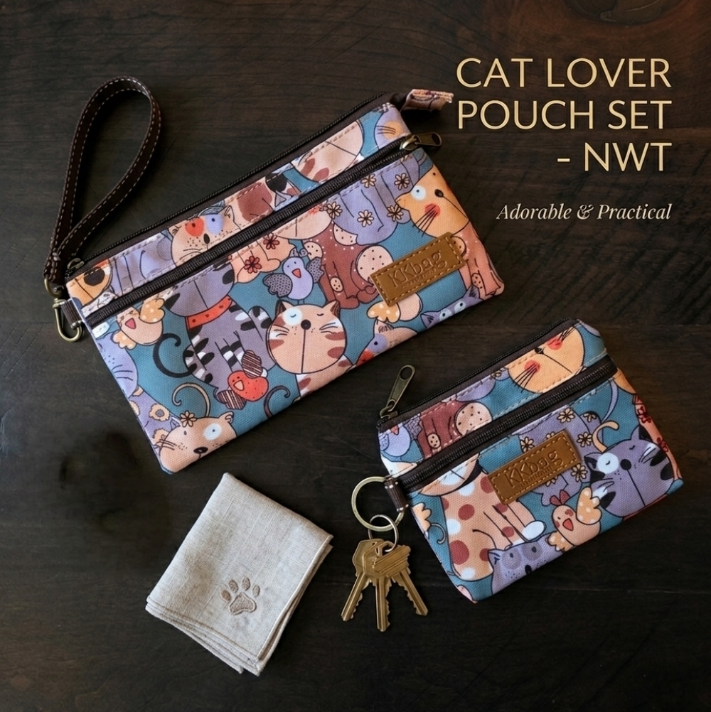 Kawaii Cute Cat Print Travel Pouch 2pc Set Phone Wristlet Bag & Mini Purse NWT